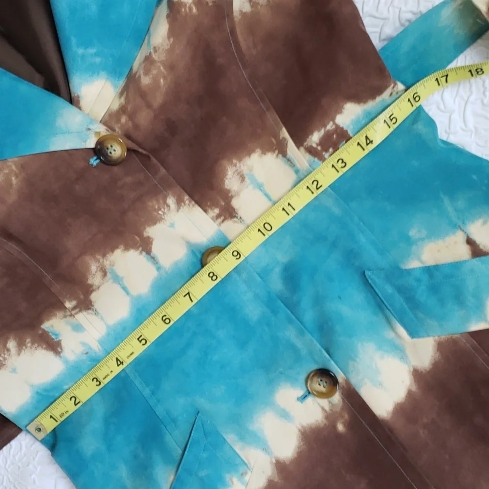Anne Klein Womens Tie Dye Belted Aqua Blue Ivory Brown Big Collar Trench Coat, M